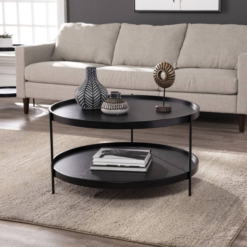 Modern Round Wood Coffee Table with Metal Base and 2-Tier Storage Shelf Perfect for Living Room - 33.75”L x 33.75”W x 18”H
