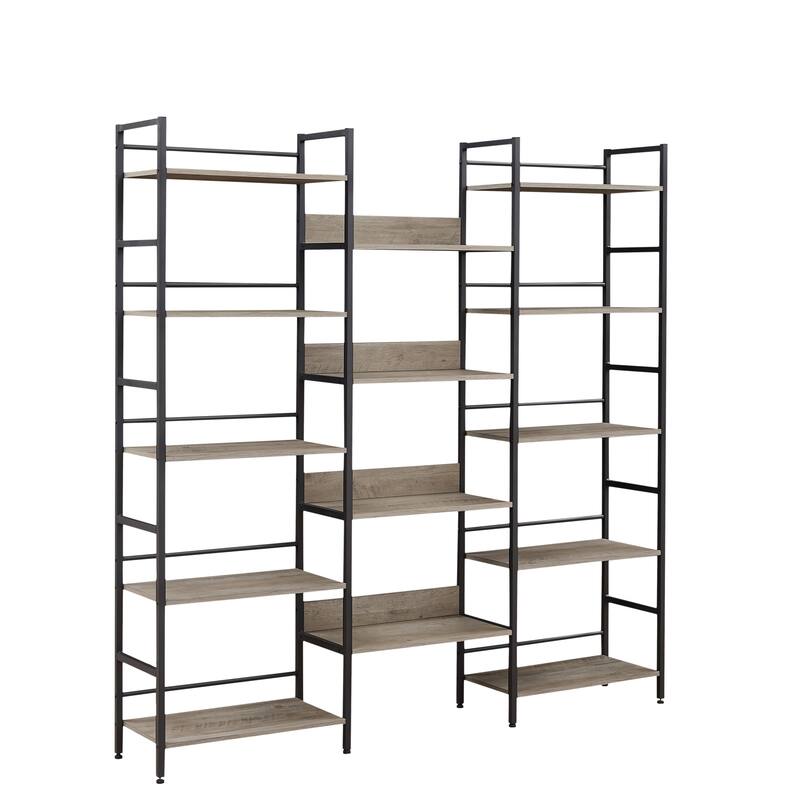 Industrial Style Metal Frame Triple Wide 5-shelf Bookshelves with Large Open Storage