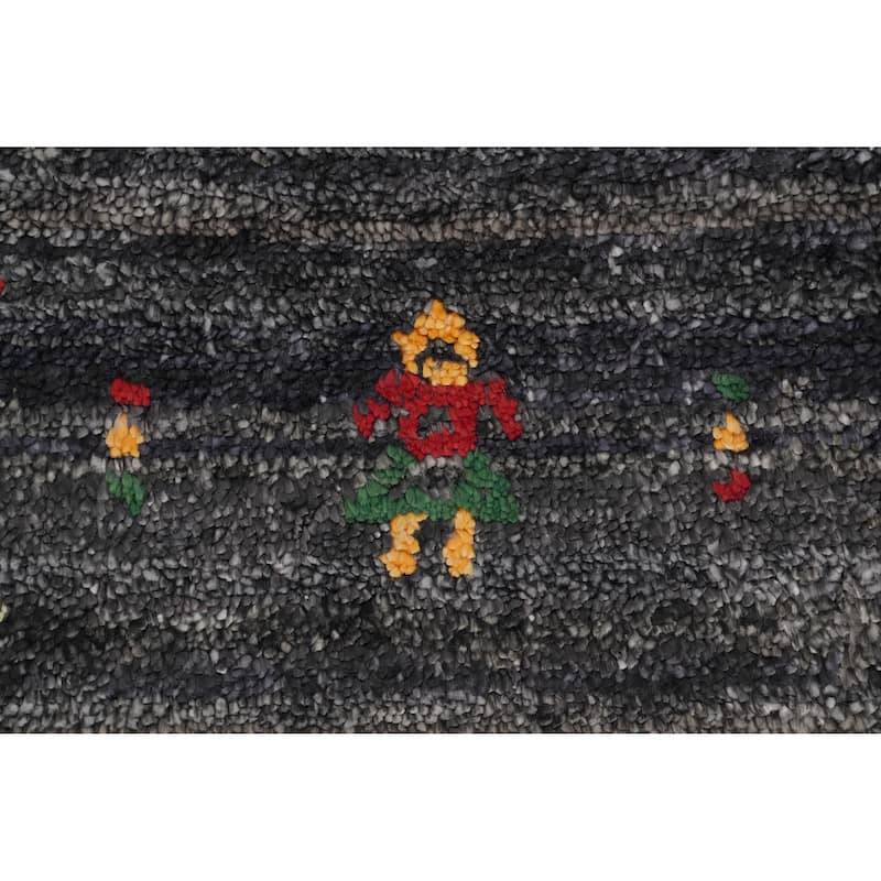 Hand Knotted Oriental Viscose Silk Carpet Tribal Animal Pictorial Greys & Charcoal Gabbeh Runner Rug - 11' 9'' X 4' 0''