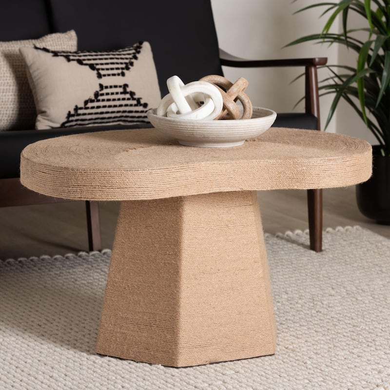Lenka Natural Jute Coffee Table - Textured Handwoven Cocktail Table with Sculptural Base and Irregular Top for Living Room