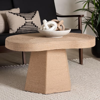 Lenka Natural Jute Coffee Table - Textured Handwoven Cocktail Table with Sculptural Base and Irregular Top for Living Room