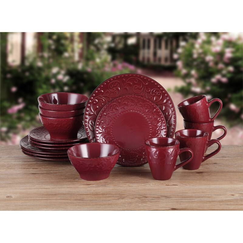 Lorren Home Trends 16 Piece Stoneware Scroll Dinnerware Set-Merlot