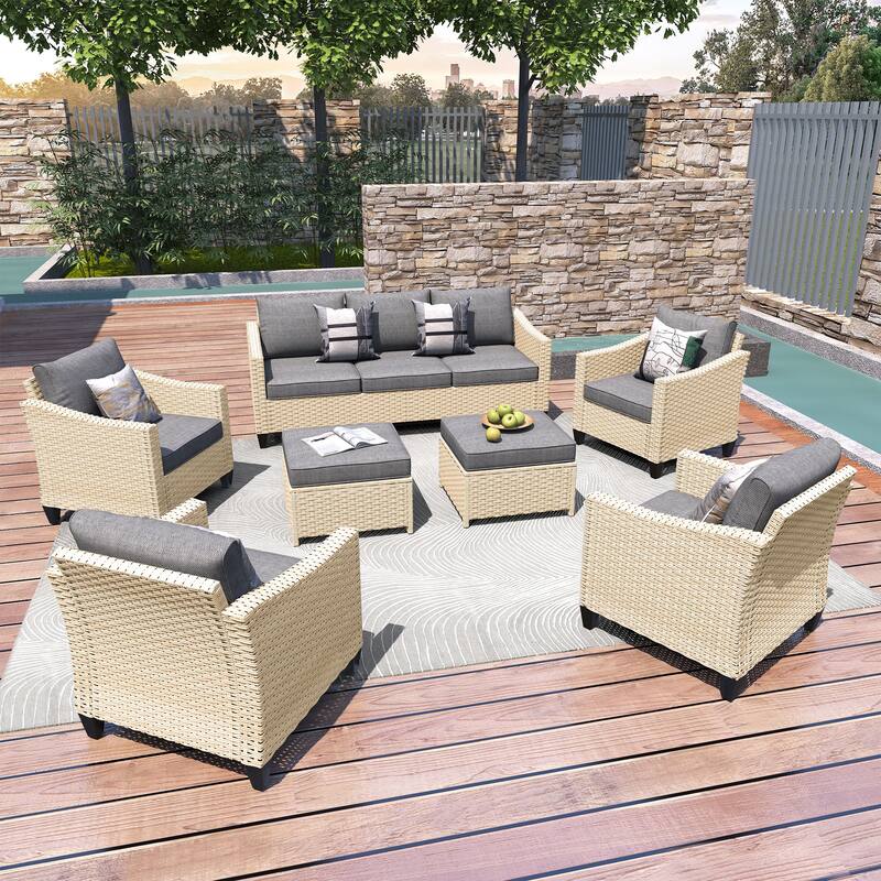 HOOOWOOO Outdoor Patio 7-piece Furniture Rattan Curved Backrest Seating Set - Dark grey