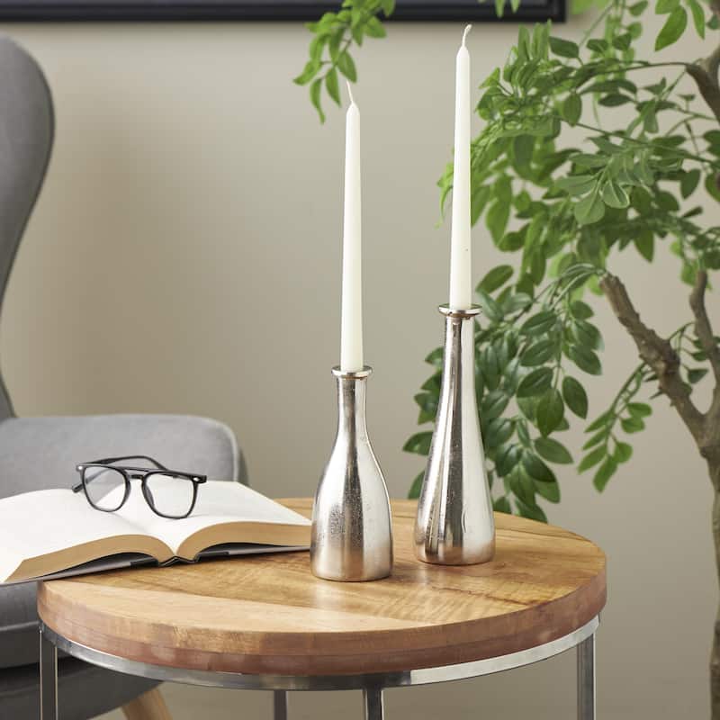 Aluminum Metal Decorative Candle Holder with Varying Shapes - Set of 2 Silver - Roche River Decor
