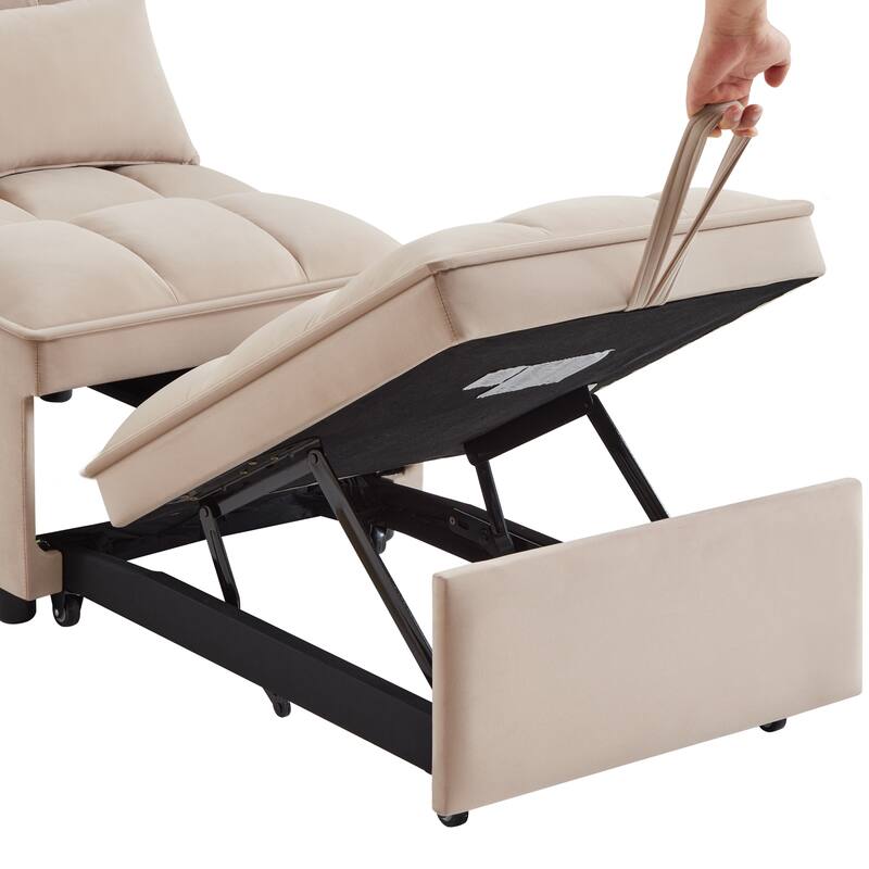 Velvet Multi-Function Chair Bed with Adjustable Backrest, Storage Pockets and Convertible Chaise Design