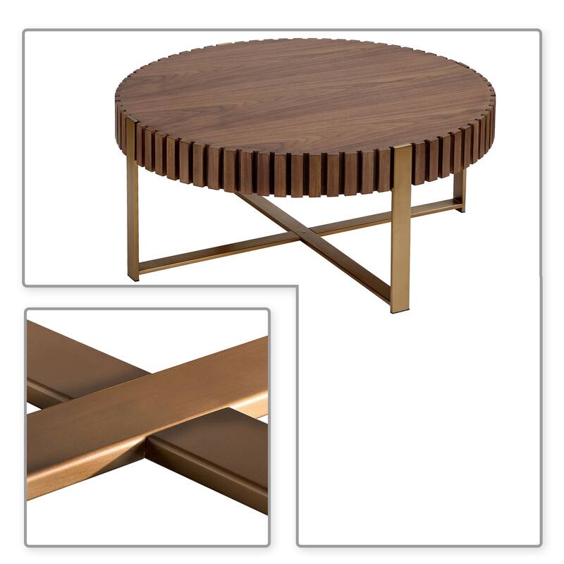 Vintage Stylish Wooden Round Coffee Table with Stainless Steel Legs
