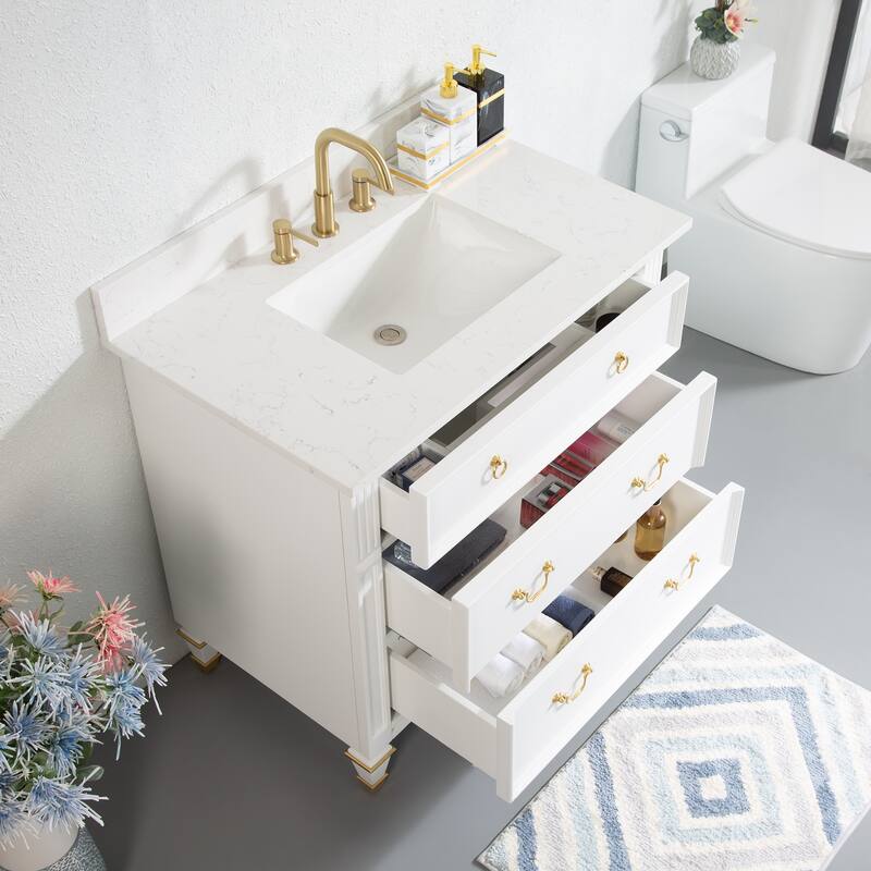 35'' H X 36'' W Solid Wood Bath Vanity with Stain-resistant Carrera White Quartz Top and Single Sink
