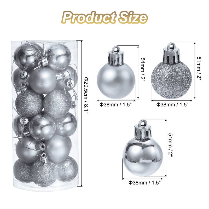 24Pcs 1.5" Christmas Balls Ornaments Shatterproof Hanging Balls Set - Silver