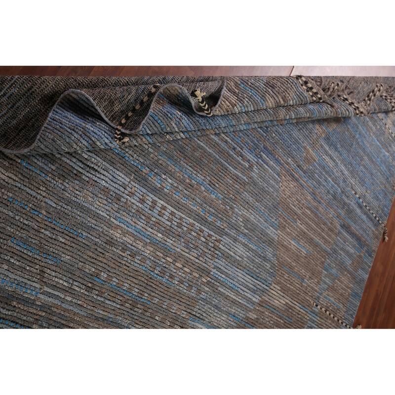 Blue Striped Moroccan Abstract Area Rug Hand-Knotted Wool Carpet - 8'0"x 12'7"