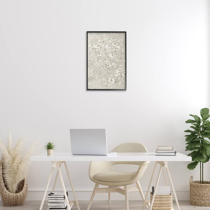 Stupell White Flowers over Damask Framed Giclee Art Design By LSR Creative Studio