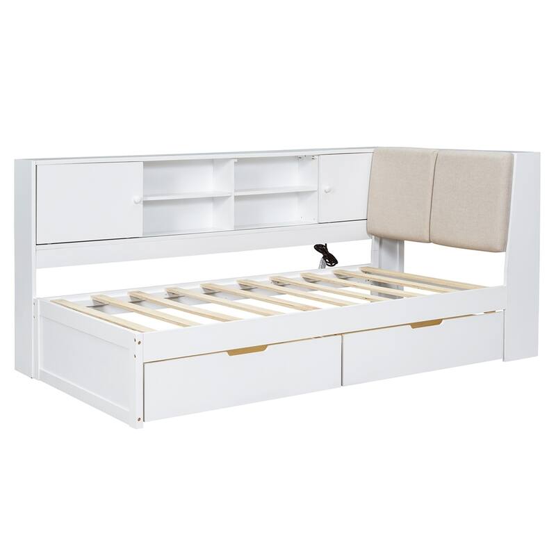 Wooden L-shaped Daybed Corner Bed with Storage Bookcase and USB Charging Ports
