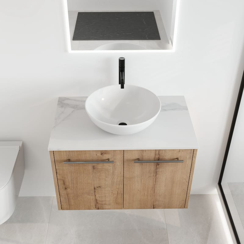Malwee 24"/30" Floating Bathroom Vanity, Wall Mounted Bathroom Vanity with Ceramic Sink,Soft Close Doors - 29.5"×18.9" - Brown with sink-321