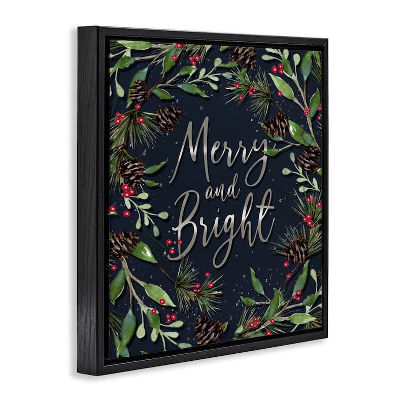 Stupell Merry & Bright with Holly Leaves Framed Floater Canvas Wall Art Design By Elizabeth Tyndall