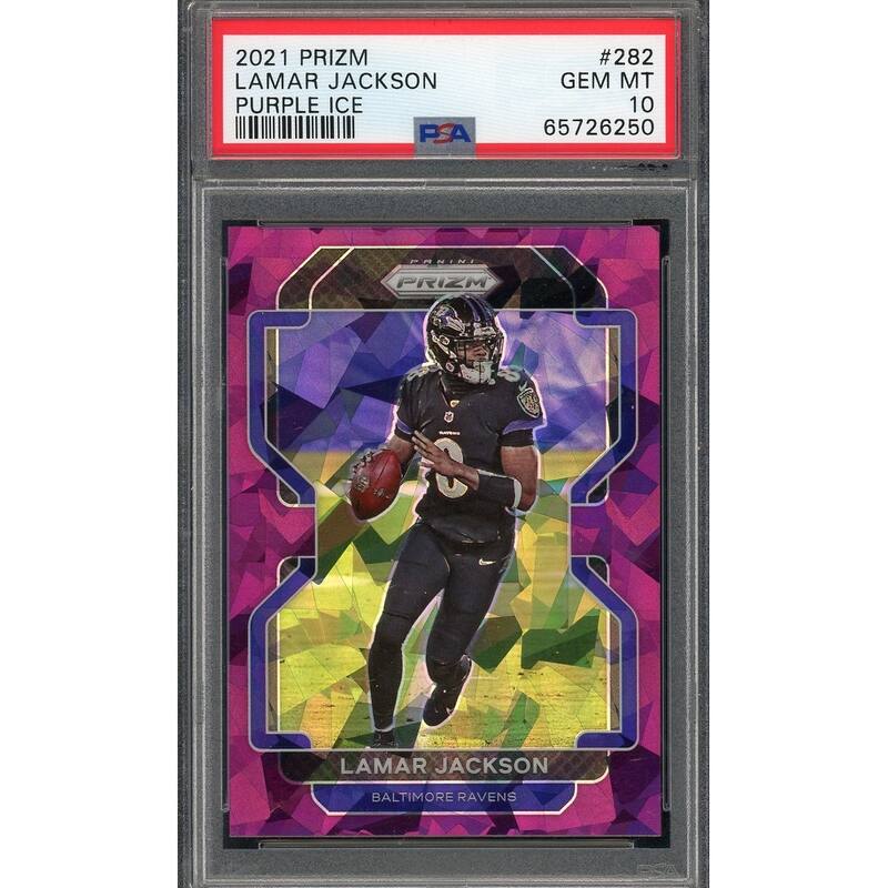 Lamar Jackson 2021 Panini Prizm Purple Ice Football Card #282 PSA 10 43/225 - 8'6" x 11'6"