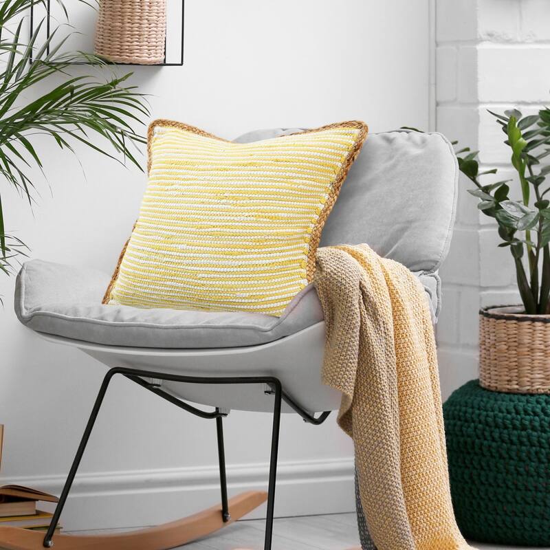 20" Yellow and White Bordered Striped Square Throw Pillow