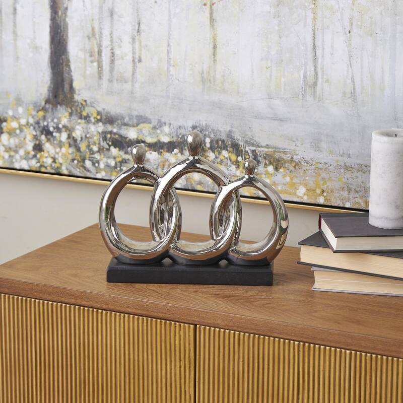 Ceramic Family 3 Figure Decorative Sculpture with Black Rectangular Base - Silver - Roche River Decor