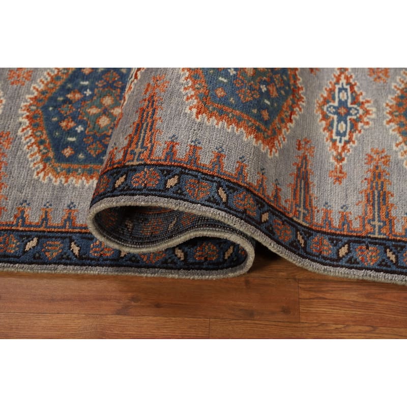 Geometric Viss Indian Runner Rug Handmade Gray Wool Carpet - 2'6"x 9'7"
