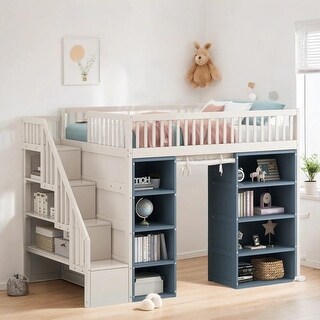 Multi-Functional Full Size Loft Bed with 2 Four-layer Storage Cabinets and Curtain, Large Storage Space, White+Blue