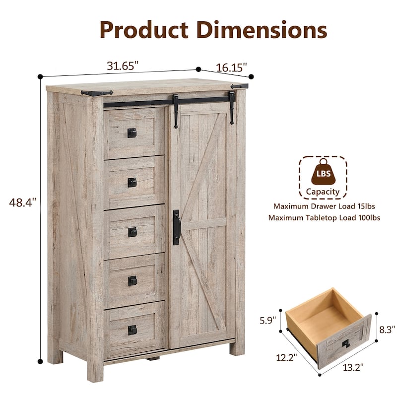 Farmhouse 5 Drawers Dresser, Vintage Chest of Drawers with Barn Door