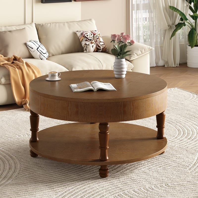 Modern Round Coffee Table with Dual Storage and Flip-Top Design for Living Room Organization - Walnut