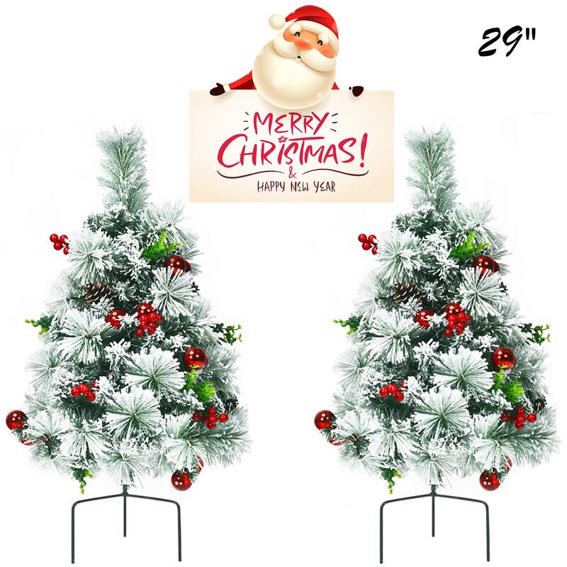 Gymax 2PCS Pre-Lit Snow Flocked Christmas Tree Pathway Xmas Tree w/ 8 - See Details