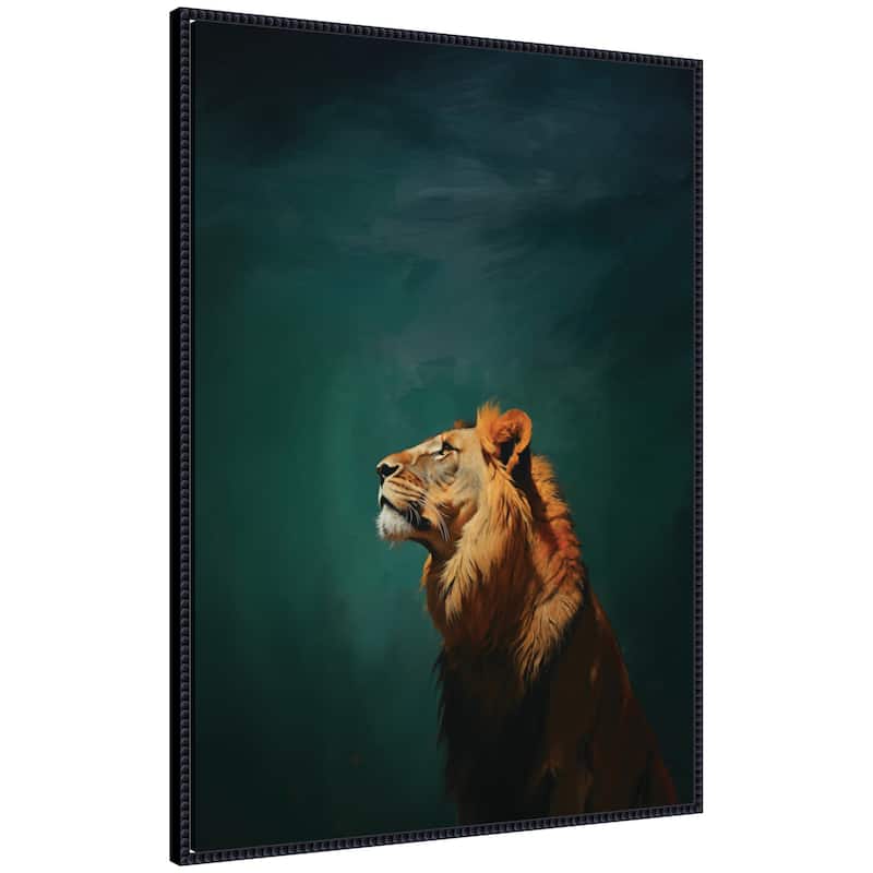 Kate and Laurel Lion on Tonal Blue Teal Green Abstract by The Creative Bunch Studio Framed Canvas Wall Art Print - 28 x 38 - Black