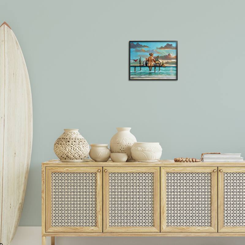 Stupell Woman & Cats Beach Sunset Framed Giclee Art Design By Ronald West