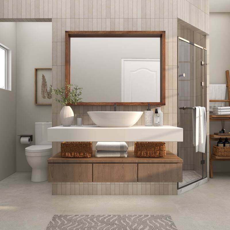 Brown Mango Wood Minimalistic Wall Mirror with Natural Wood Grain and Deep Set Frame