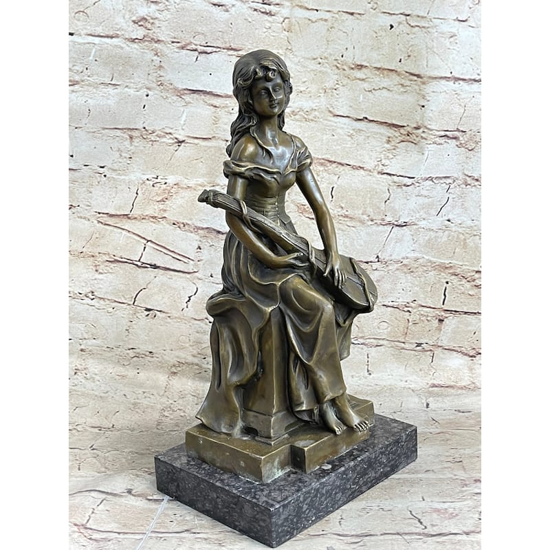 Young Girl With Guitar Musical Instrument Musician Bronze Statue Sculpture Figure 13 Inches X 6.5 Inches