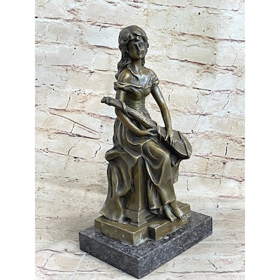 Young Girl With Guitar Musical Instrument Musician Bronze Statue Sculpture Figure 13 Inches X 6.5 Inches