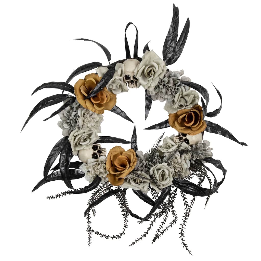 Skulls with Orange and Gray Roses Halloween Wreath 14-Inch Unlit