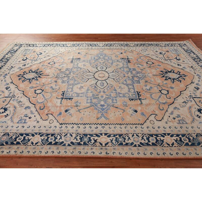 Orange Vegetable Dye Heriz Serapi Rug Hand-Knotted Wool Carpet - 8'11"x 11'11"