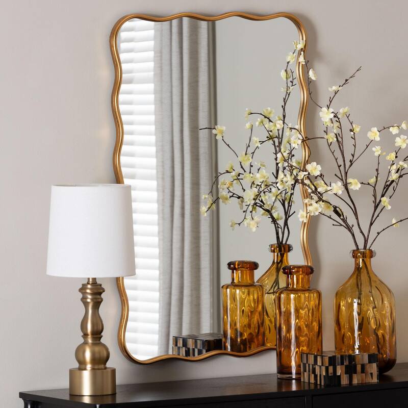 Cassara Gold Scalloped Rectangular Wall Mirror - Stylish Curved Edge Decorative Accent for Living Room, Bedroom, or Entryway