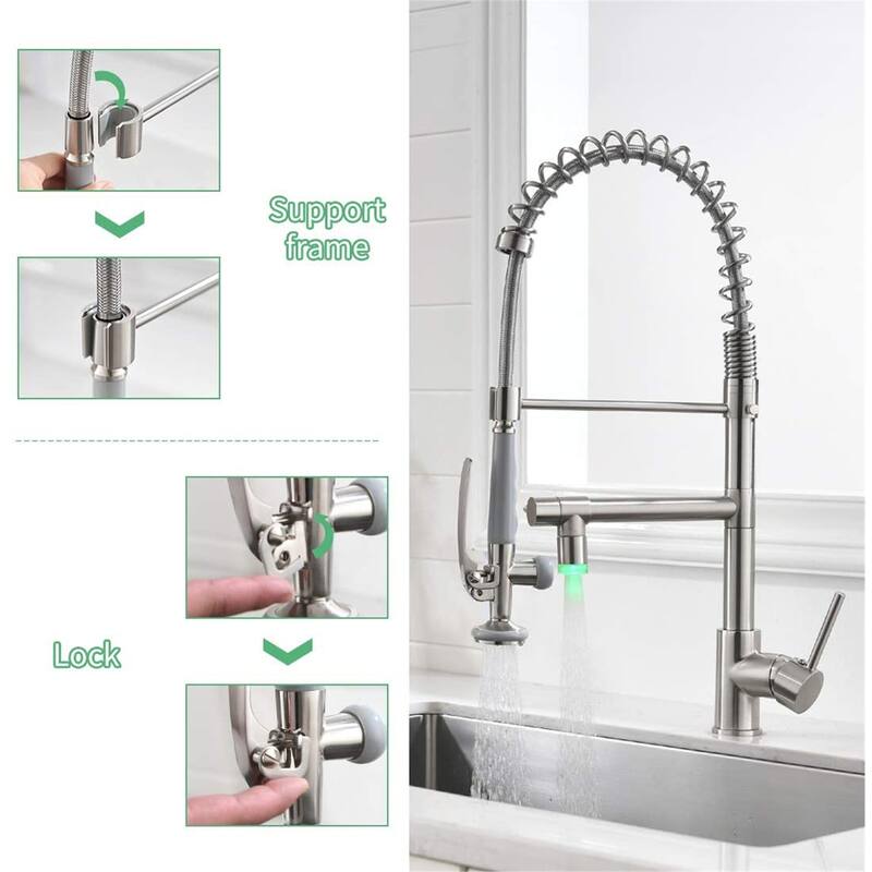 LED Commercial Pull Down Kitchen Sink Faucet With Sprayer Brushed Nickel Kitchen Faucets Single Hole High Arc Mixer Faucets