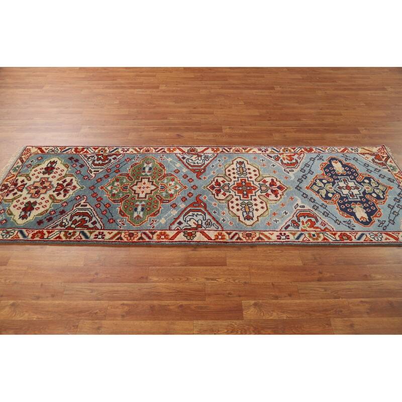 Light Blue Geometric Kazak Indian Runner Rug Hand-Knotted Wool Carpet - 2'7"x 7'10"