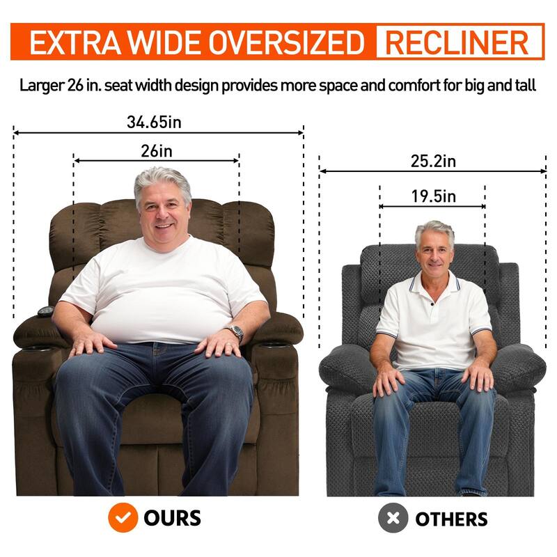 35" Wide Quiet Lift Velvet Recliner w/Massage and Heat