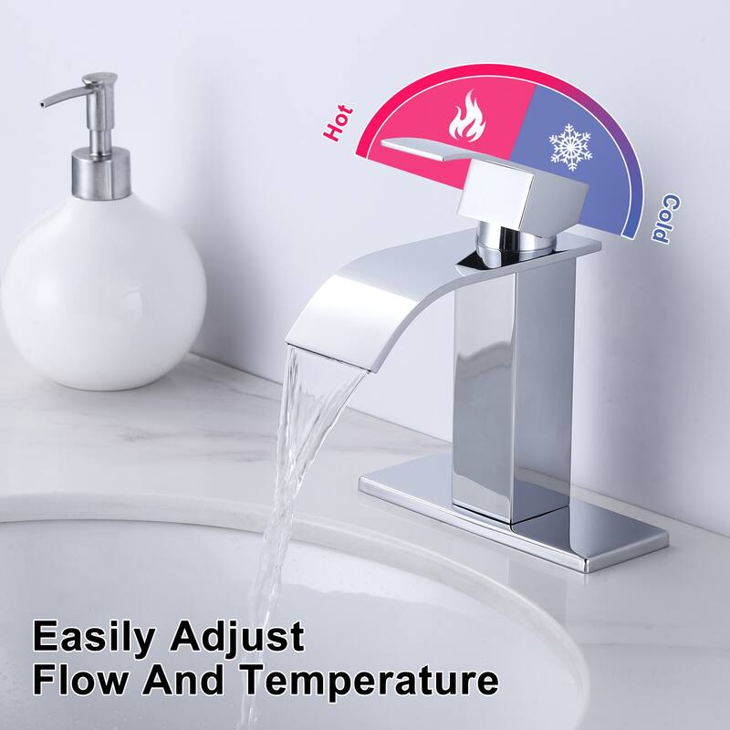 WOWOW Single Handle Waterfall Bathroom Faucet with Pop-Up Drain