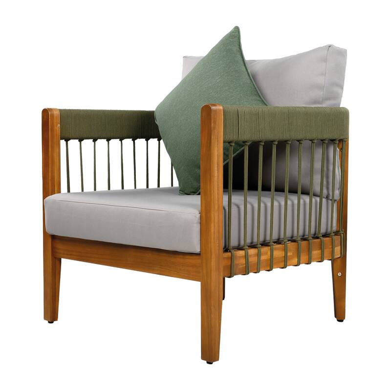 [Set of 2] Acacia Wood Outdoor Club Chair with Handwoven Rope Accents & Curved Backrest - Water-Resistant,Removable Cushions