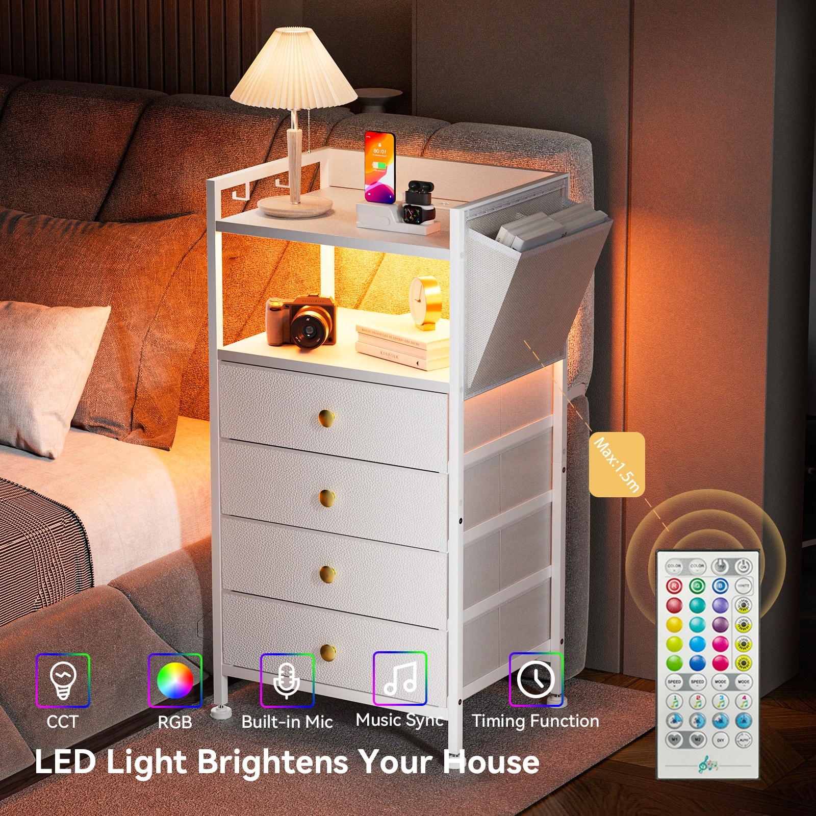4 Drawer Dresser for Bedroom Tall Nightstand with Charging Station and LED Light Small Night Stand Bedside Table 4 Drawer