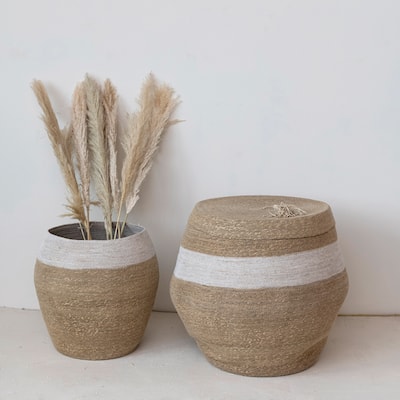 Seagrass Woven Baskets with Lid, Stripe, and Tassel, Set of 2 - 21.5"L x 21.5"W x 21.5"H
