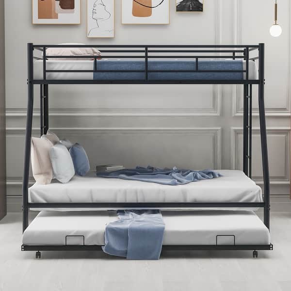 slide 2 of 13, Modern Twin over Full Bunk Bed with Twin Trundle and 2 Ladders, White Black