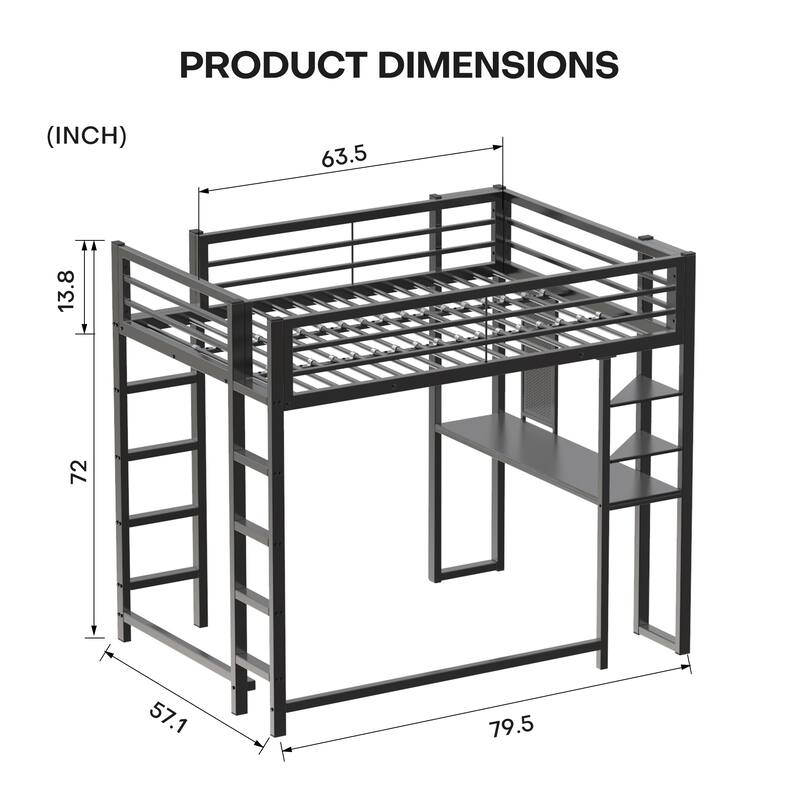 Loft Bed with Desk, Metal Loft Bed Full Size, Full Loft Bed Frame with Desk and Storage Compatible with Boys Girls Teens