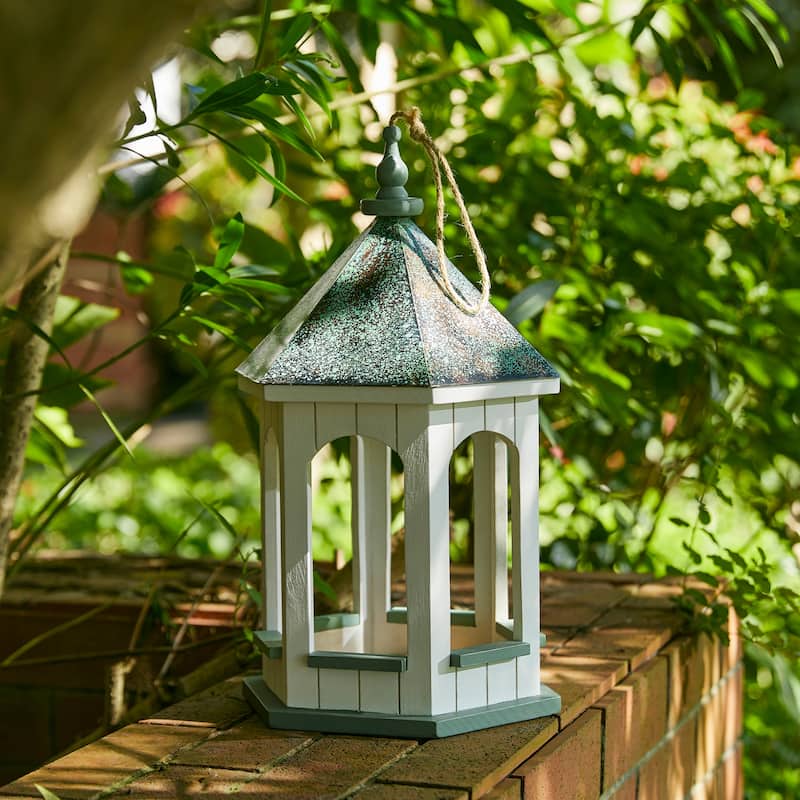 Glitzhome 15.75"H Solid Wood Gazebo Tray Birdfeeder With Metal Roof