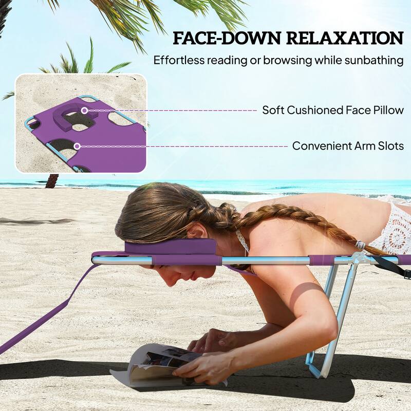 Outsunny Folding Beach Lounge Chair with Face Hole and Arm Slots, 5-level Adjustable Sun Lounger Tanning Chair with Pillow