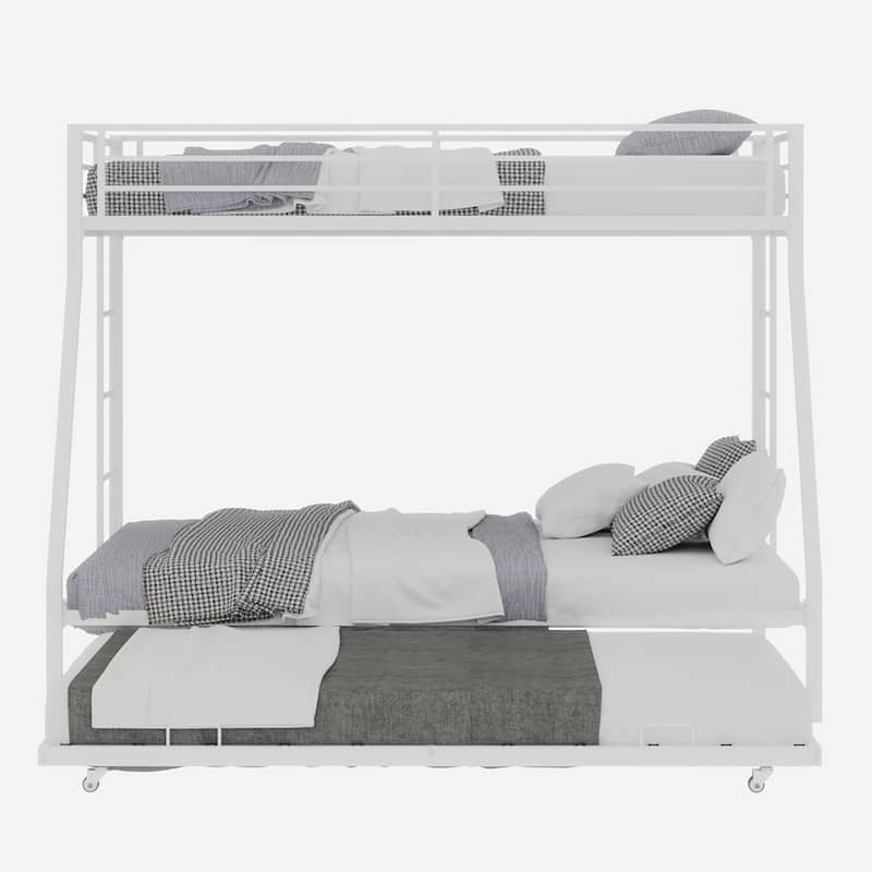 Modern Square Tube Bunk Bed with Ladder and Rolling Trundle Bed