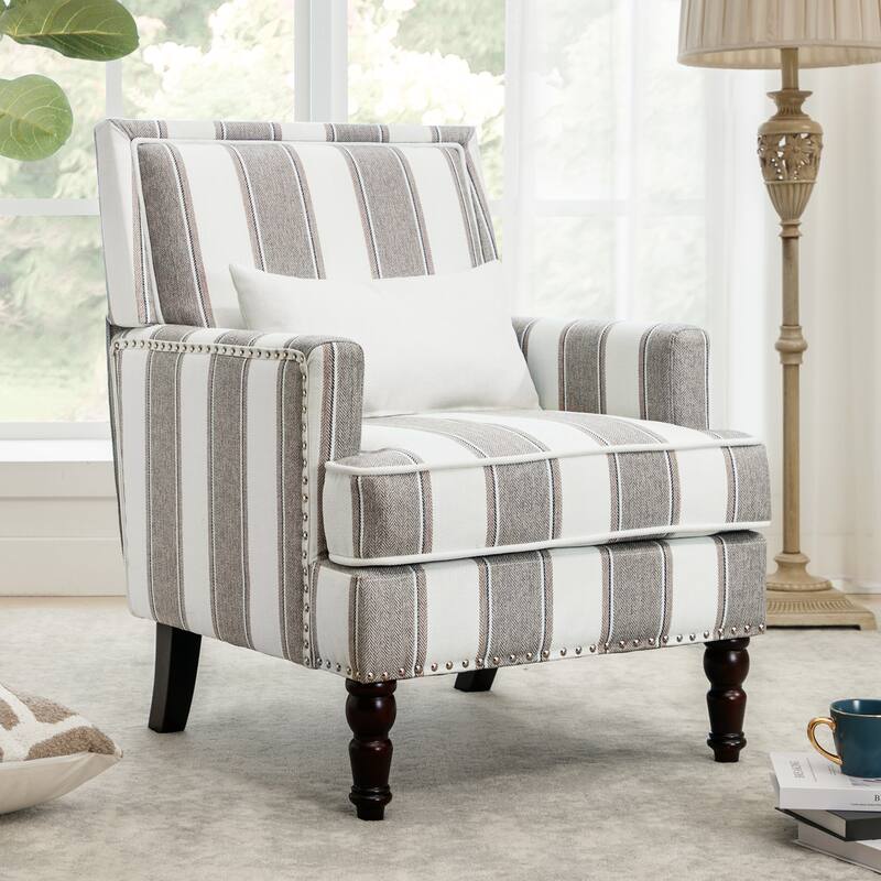 Modern Fabric Accent Chair with Upholstered Armrest Wooden Legs and Pillow for Living Room - Gray-White - Single