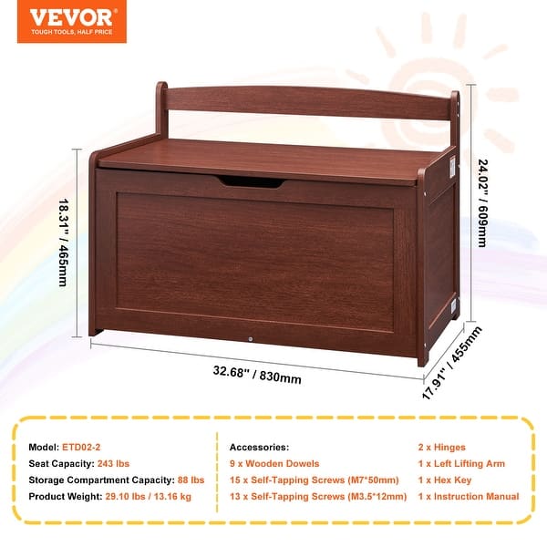dimension image slide 0 of 3, Wooden Toy Chest for Kids, Toddler Toy Storage Box with Flip-Top Lid and Safety Hinge, for Playroom, Bedroom