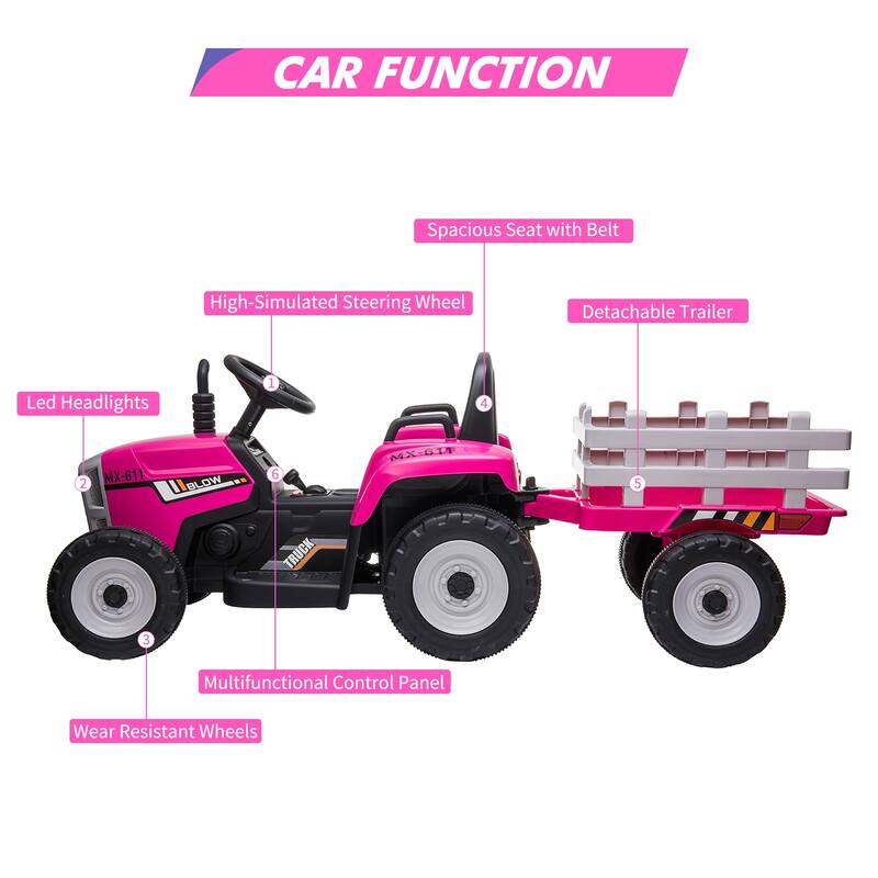12V Kids Electric Tractor w/Remote Control Treaded Tires,Battery Powered Ride On Tractor with Trailer & 2+1-Gear-Shift