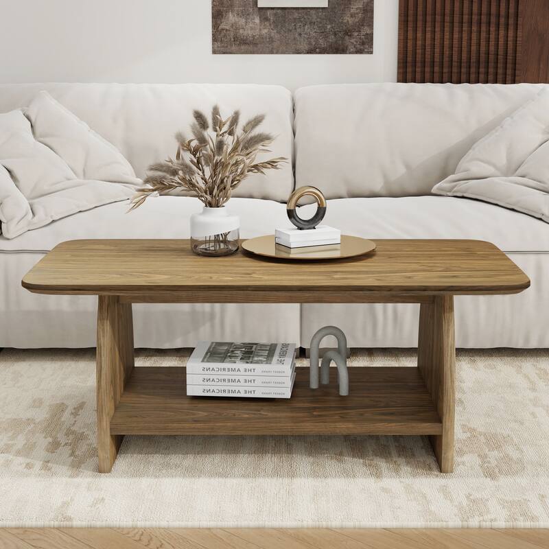 47 Inch Modern Living Room Coffee Table, Double-Layer Rectangular Coffee Table With Storage Function, Rounded Corner Design - Wood