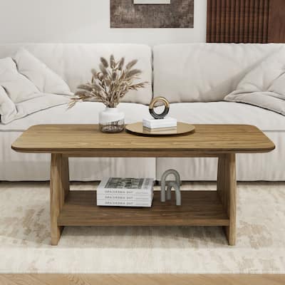 47 Inch Modern Living Room Coffee Table, Double-Layer Rectangular Coffee Table With Storage Function, Rounded Corner Design